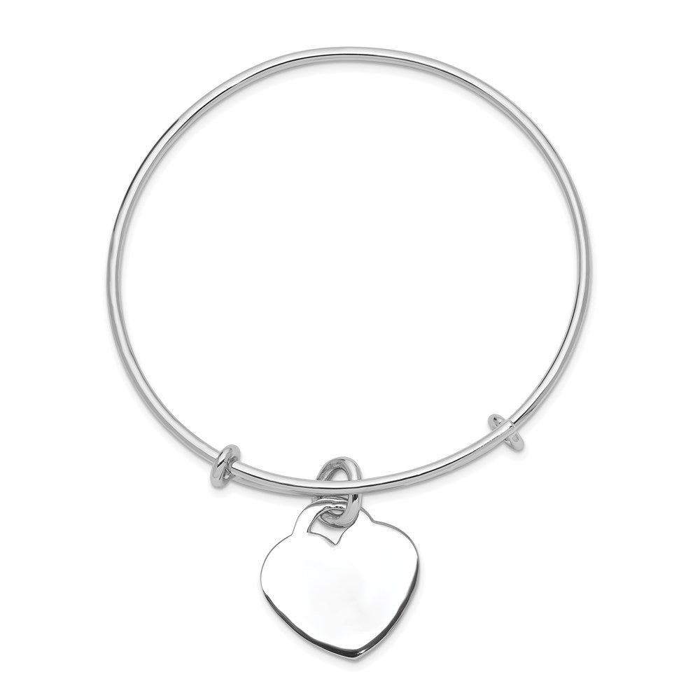 Sterling Silver Rhodium-plated Engravable Heart Charm Expandable Slip-on Bangle