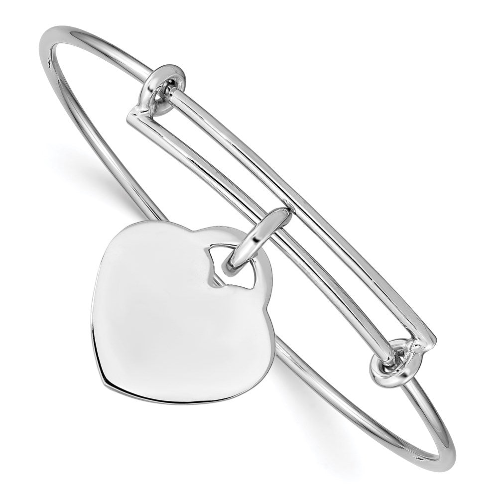 Sterling Silver Rhodium-plated Engravable Heart Charm Expandable Slip-on Bangle