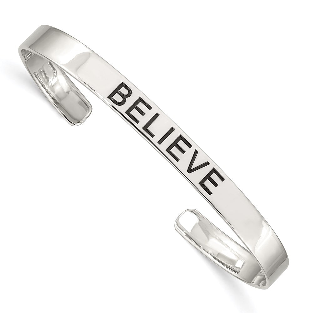 Sterling Silver Polished Antiqued BELIEVE Cuff Bangle