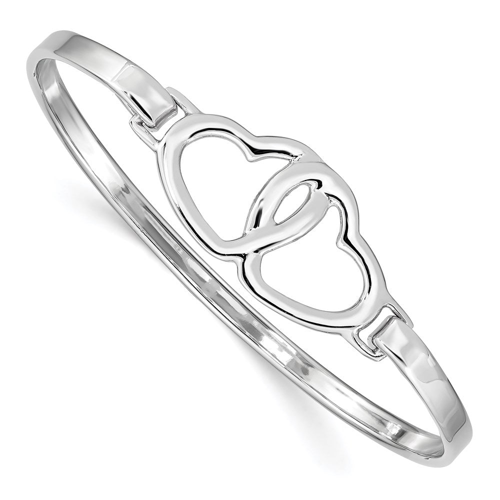 Sterling Silver Rhodium-plated Polished 2 Hearts Hook Closure Bangle