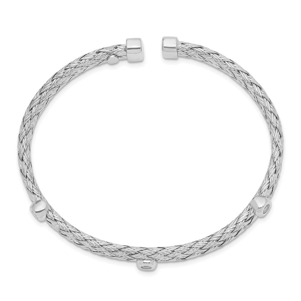 Sterling Silver Rhodium-plated Polished Braided Double Strand CZ Flexible Cuff Bangle
