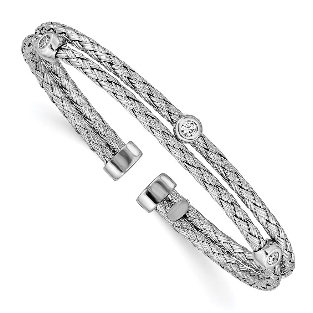 Sterling Silver Rhodium-plated Polished Braided Double Strand CZ Flexible Cuff Bangle