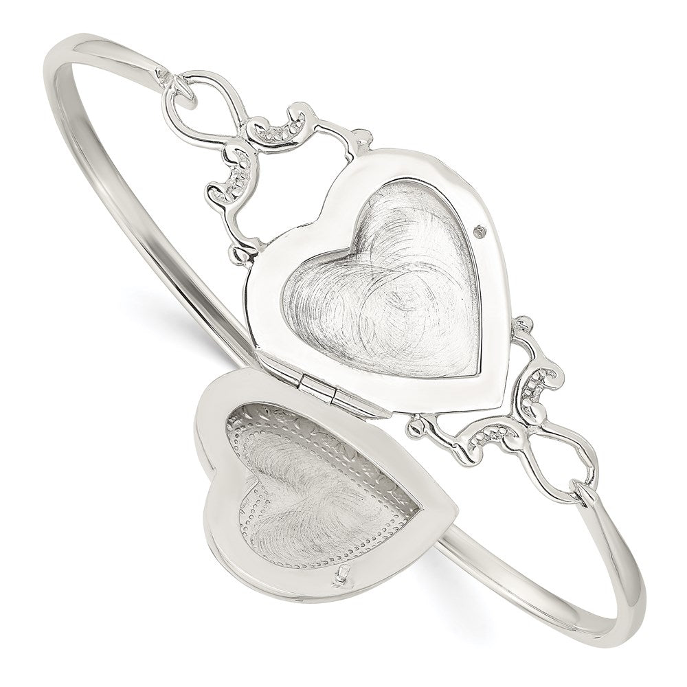 Sterling Silver Polished Heart Locket Hook Closure Bangle Bracelet