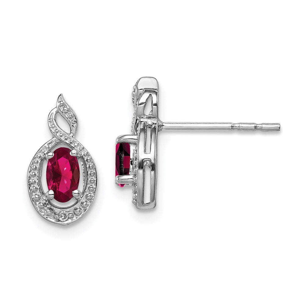 Sterling Silver Rhodium-plated Created Ruby & Diam. Earrings