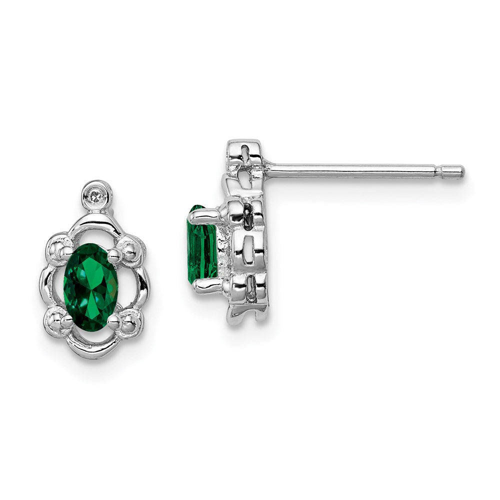 Sterling Silver Rhodium-plated Created Emerald & Diam. Earrings