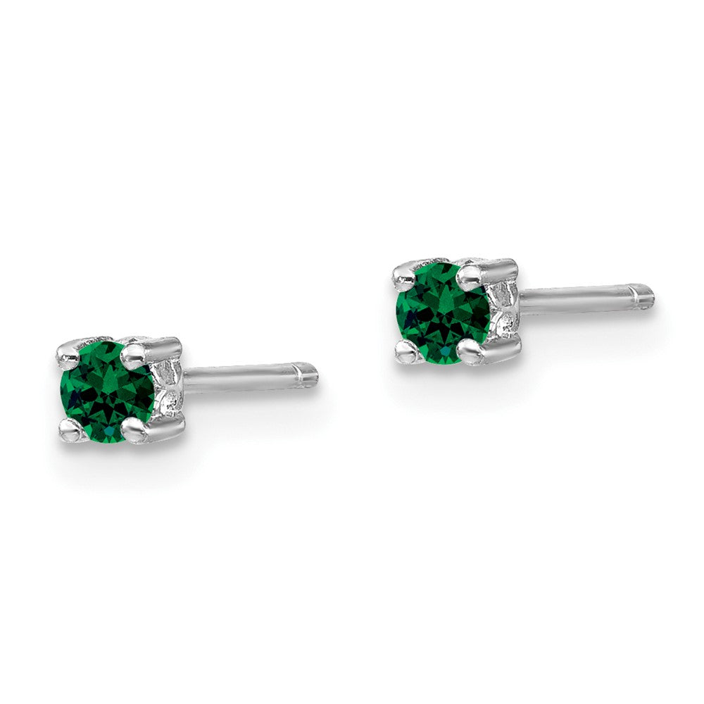 Sterling Silver Rhod-plated Round Created Emerald Post Earrings