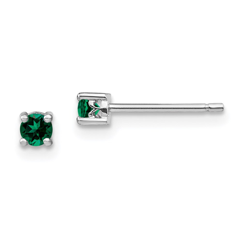 Sterling Silver Rhod-plated Round Created Emerald Post Earrings