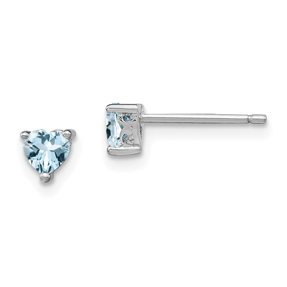 Sterling Silver Rhodium-plated Heart Aquamarine Post Earrings