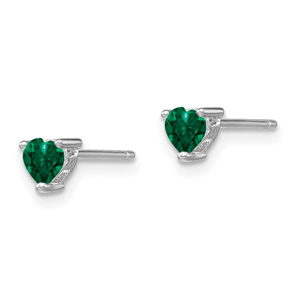 Sterling Silver Rhod-plated Heart Created Emerald Post Earrings