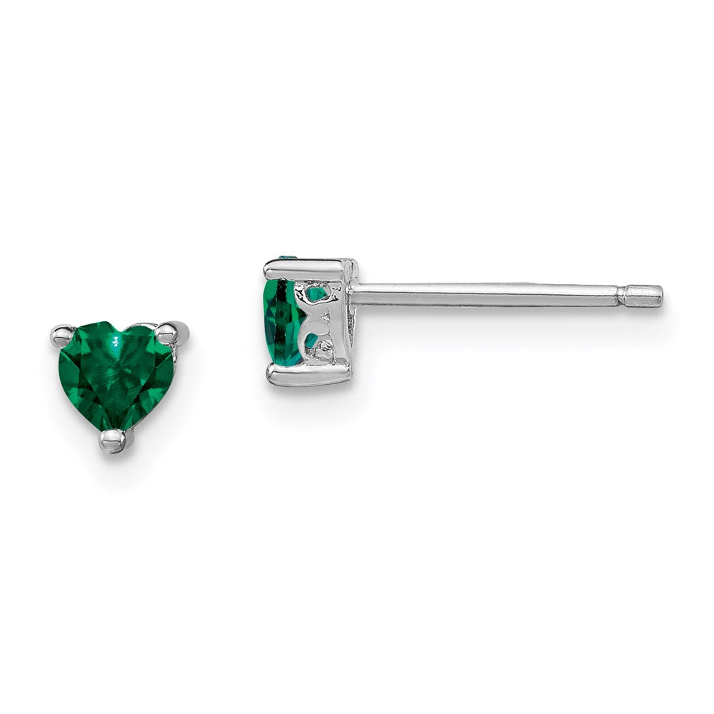 Sterling Silver Rhod-plated Heart Created Emerald Post Earrings