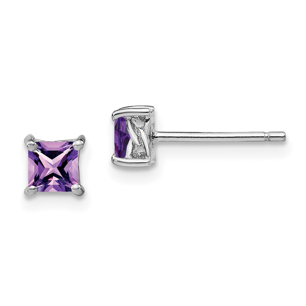 Sterling Silver Rhodium-plated Princess Amethyst Post Earrings