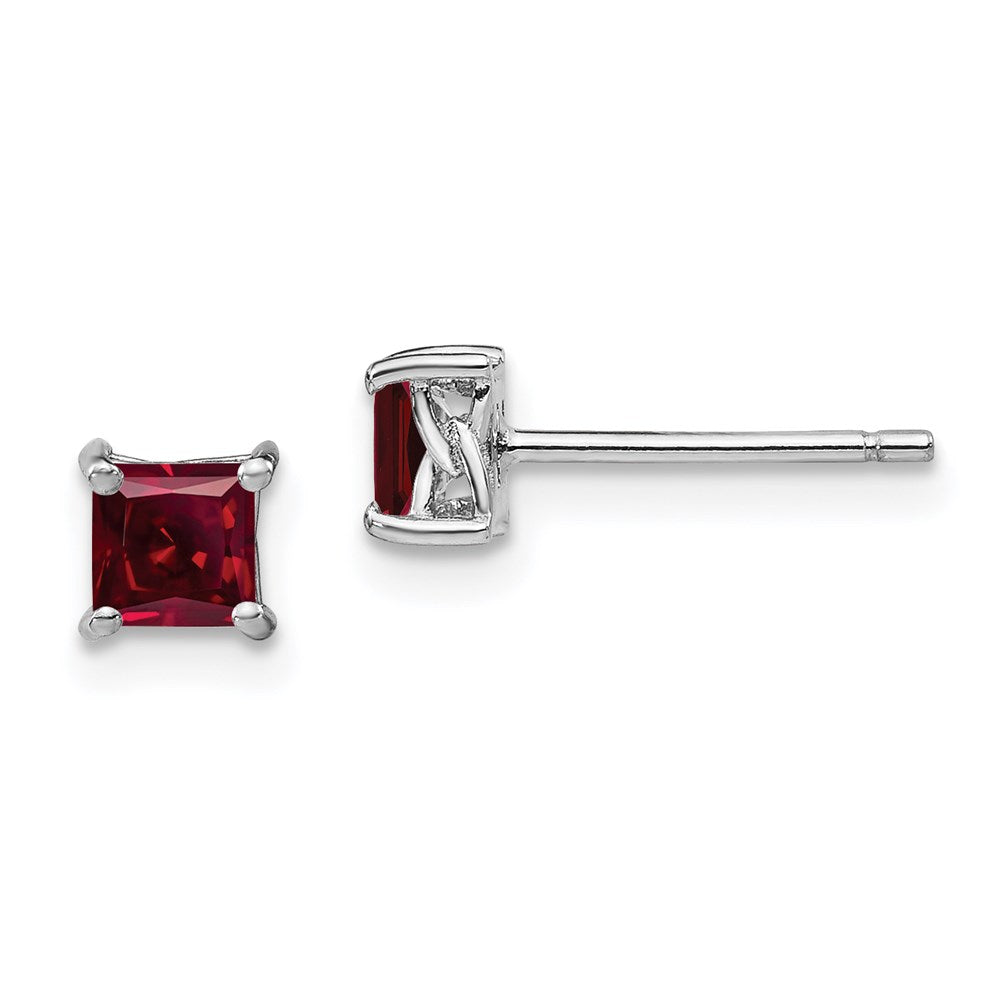 Sterling Silver Rhod-pltd Princess Created Ruby Post Earrings