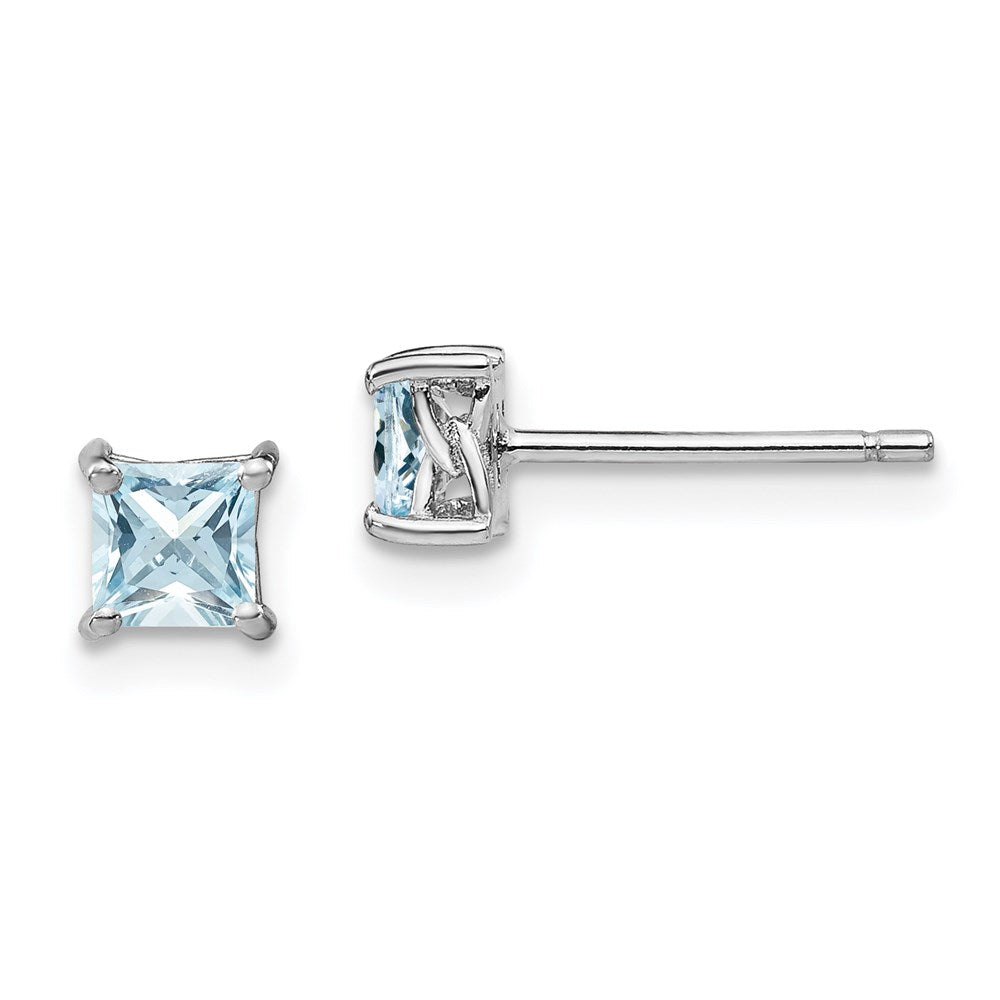 Sterling Silver Rhodium-plated Princess Aquamarine Post Earrings