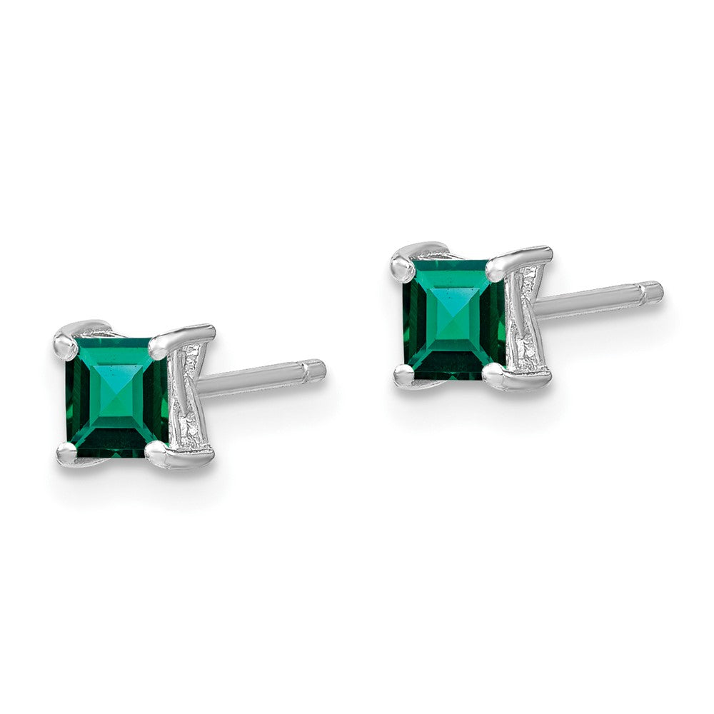 Sterling Silver Rhod-pltd Princess Created Emerald Post Earrings