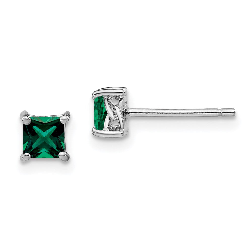 Sterling Silver Rhod-pltd Princess Created Emerald Post Earrings