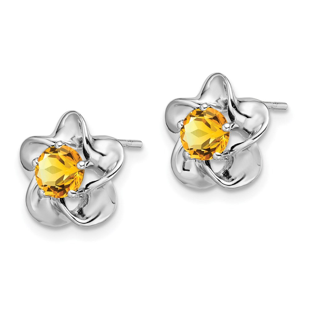 Sterling Silver Rhodium-plated Floral Citrine Post Earrings