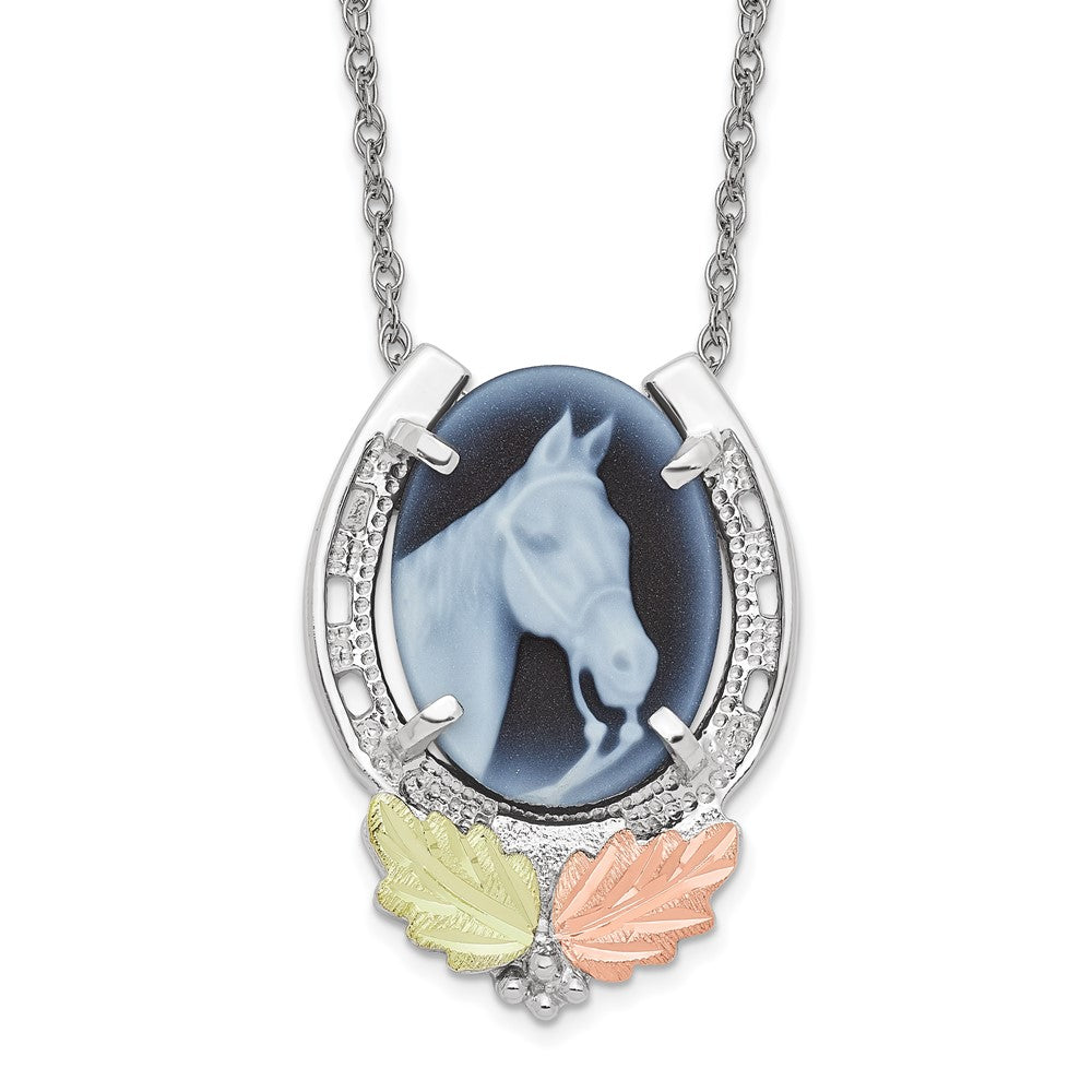 Landstrom's Mt. Rushmore Black Hills Sterling Silver 12K Gold Accents Horseshoe with Horse Head Blue Cameo Spring Ring Clasp Necklace