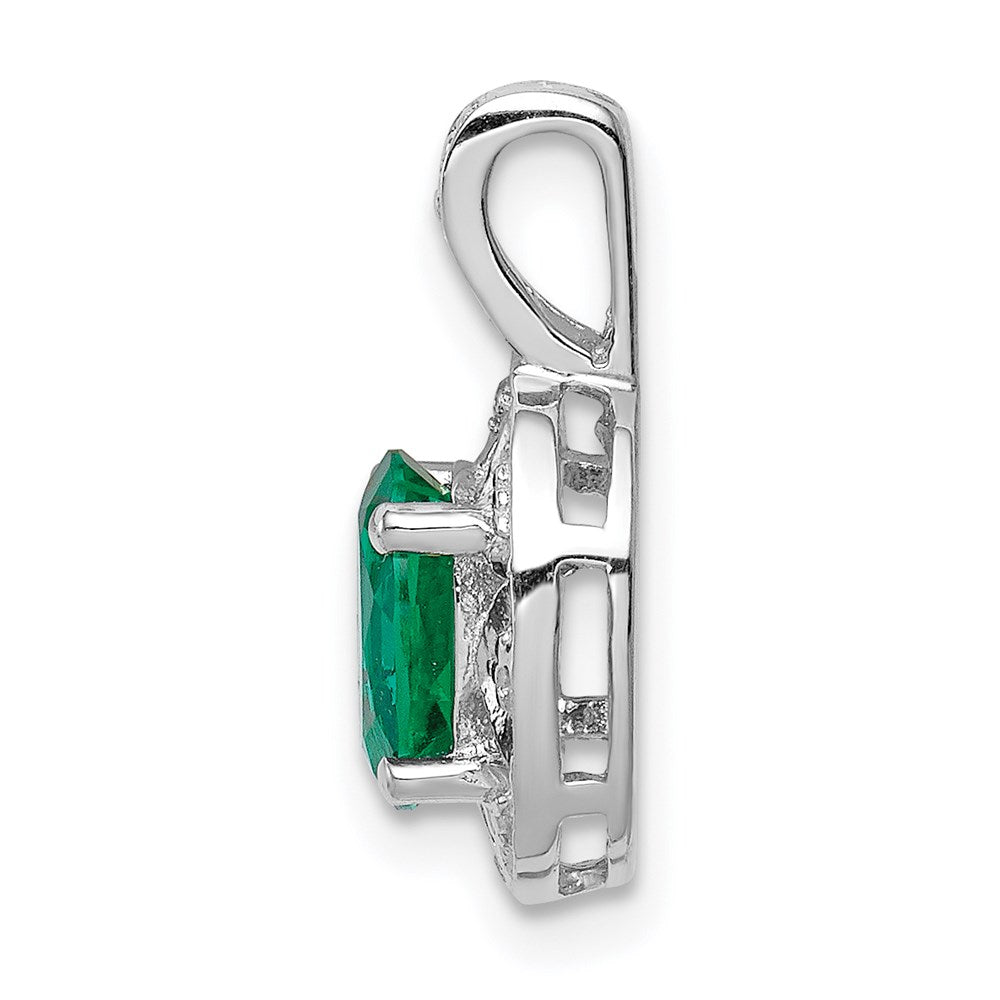 Sterling Silver Rhodium-plated Diam. & Created Emerald Pendant