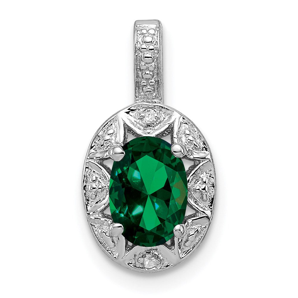 Sterling Silver Rhodium-plated Diam. & Created Emerald Pendant