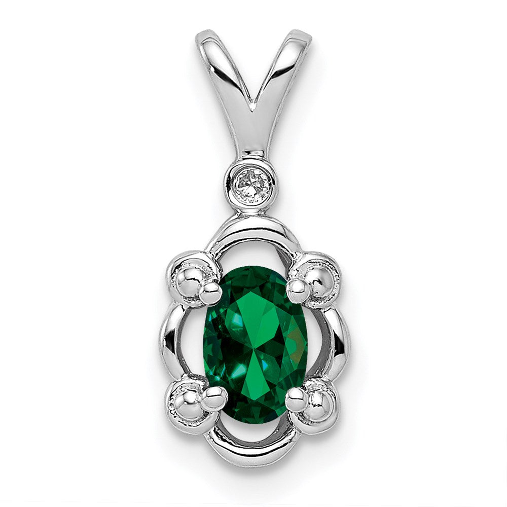 Sterling Silver Rhodium-plated Created Emerald & Diam. Pendant