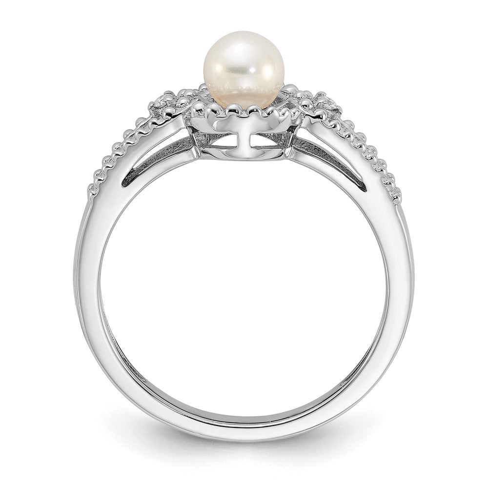Sterling Silver Rhodium-plated FW Cultured Pearl & Diam. Ring