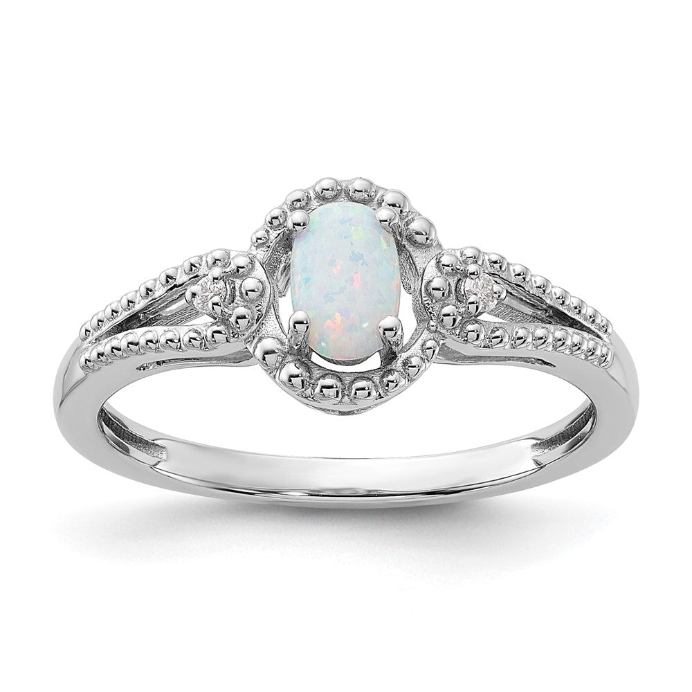 Sterling Silver Rhodium-plated Created Opal & Diam. Ring