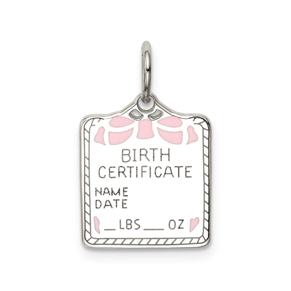 Sterling Silver Rhodium-plated Pink Birth Certificate Polished Charm