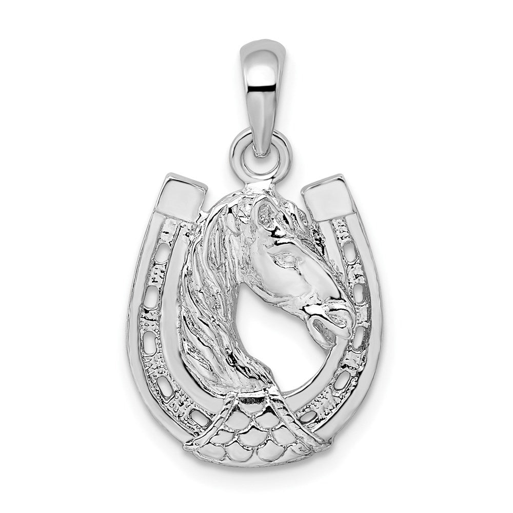 De-Ani Sterling Silver Rhodium-Plated Polished Horse Head in Horseshoe Pendant