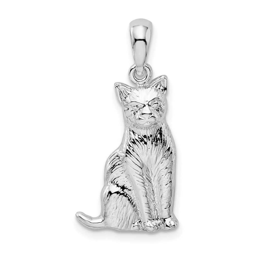 De-Ani Sterling Silver Rhodium-Plated Textured Sitting Cat Pendant