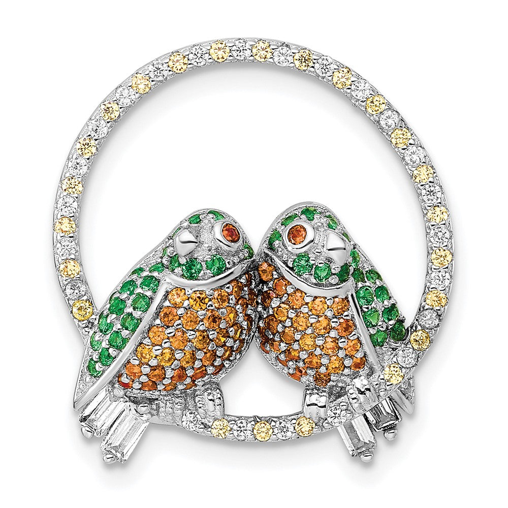 Sterling Silver Rhodium-plated Multi-color CZ Love Birds on Perch Chain Slide