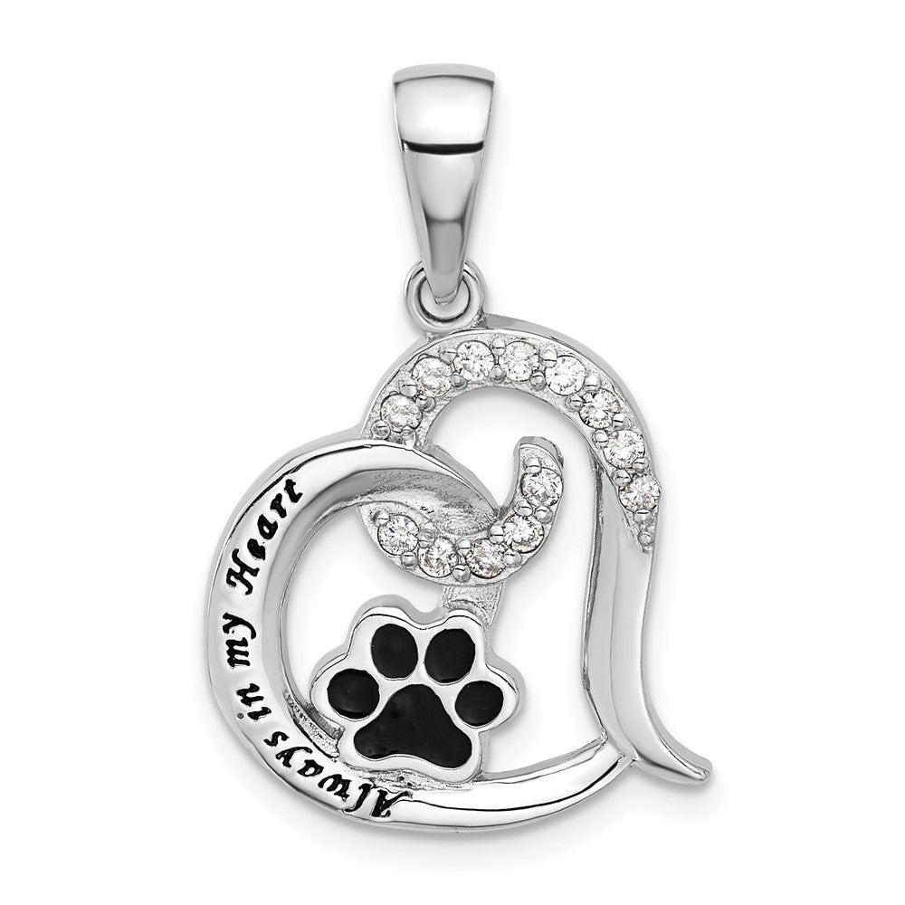 Sterling Silver Rh-plated Enamel CZ Paw ALWAYS IN MY HEART Pendant