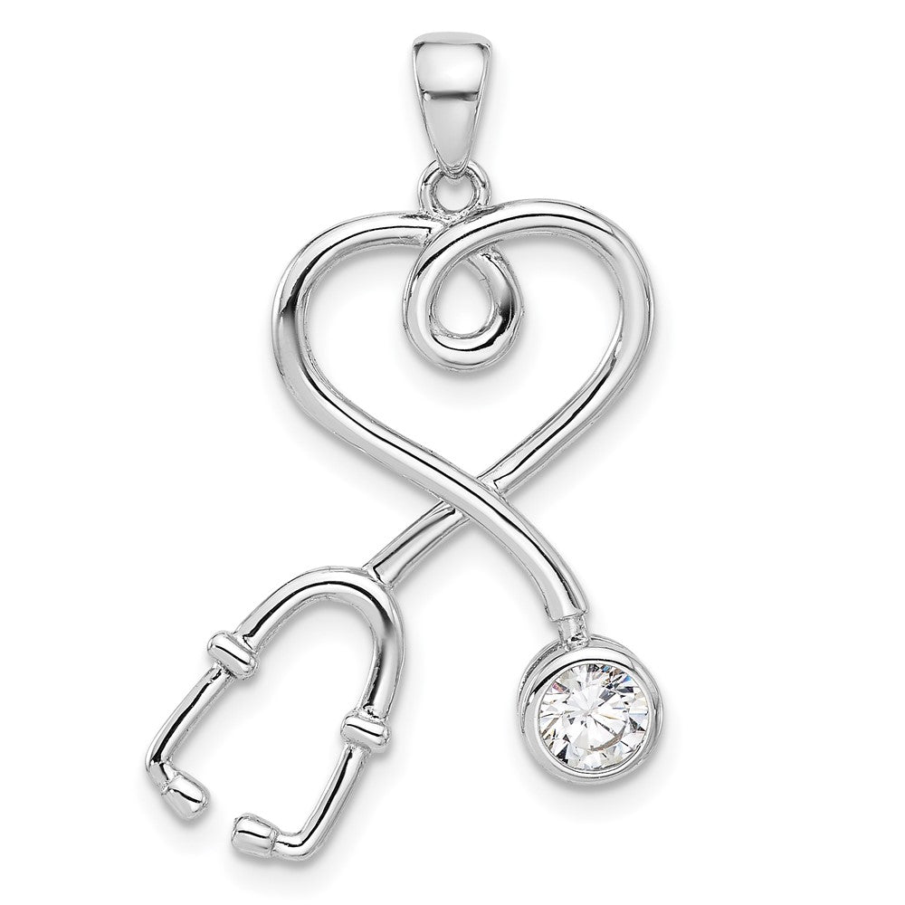 Sterling Silver Rhodium-plated with CZ Stethoscope with Heart Pendant