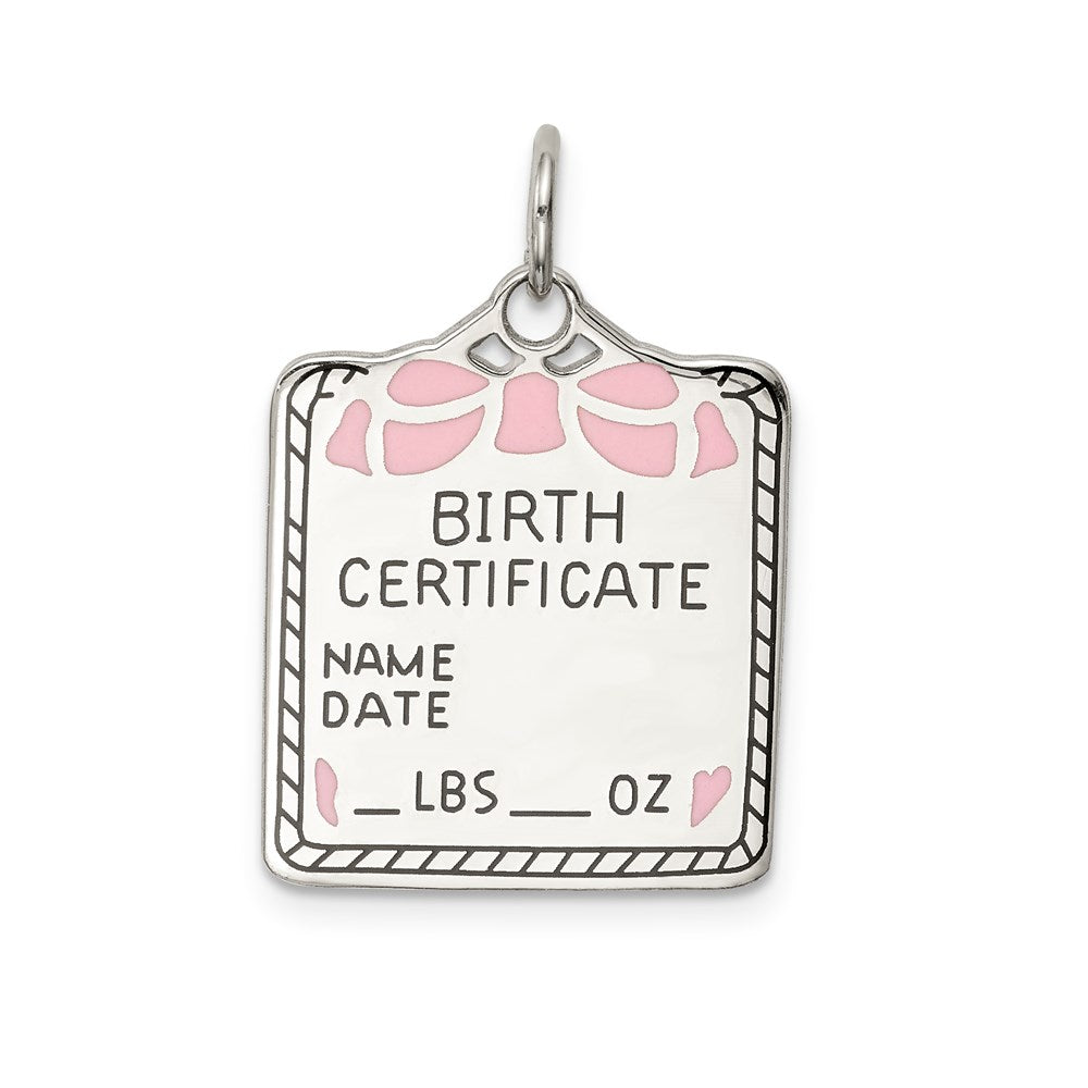 SS Rh-plt Pink Birth Certificate Polished Front/Satin Back Charm