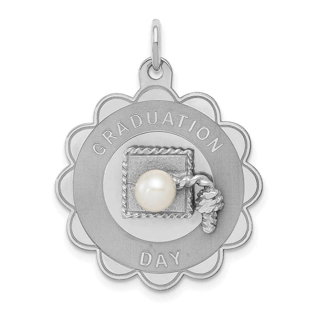 Sterling Silver Rhodium Graduation Day Disc with FW Cultured Pearl Charm