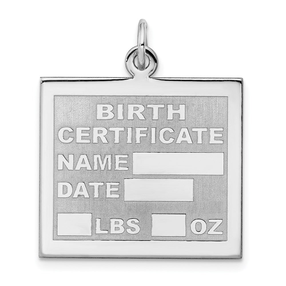 Sterling Silver Rhodium-plated Birth Certificate Polished Charm