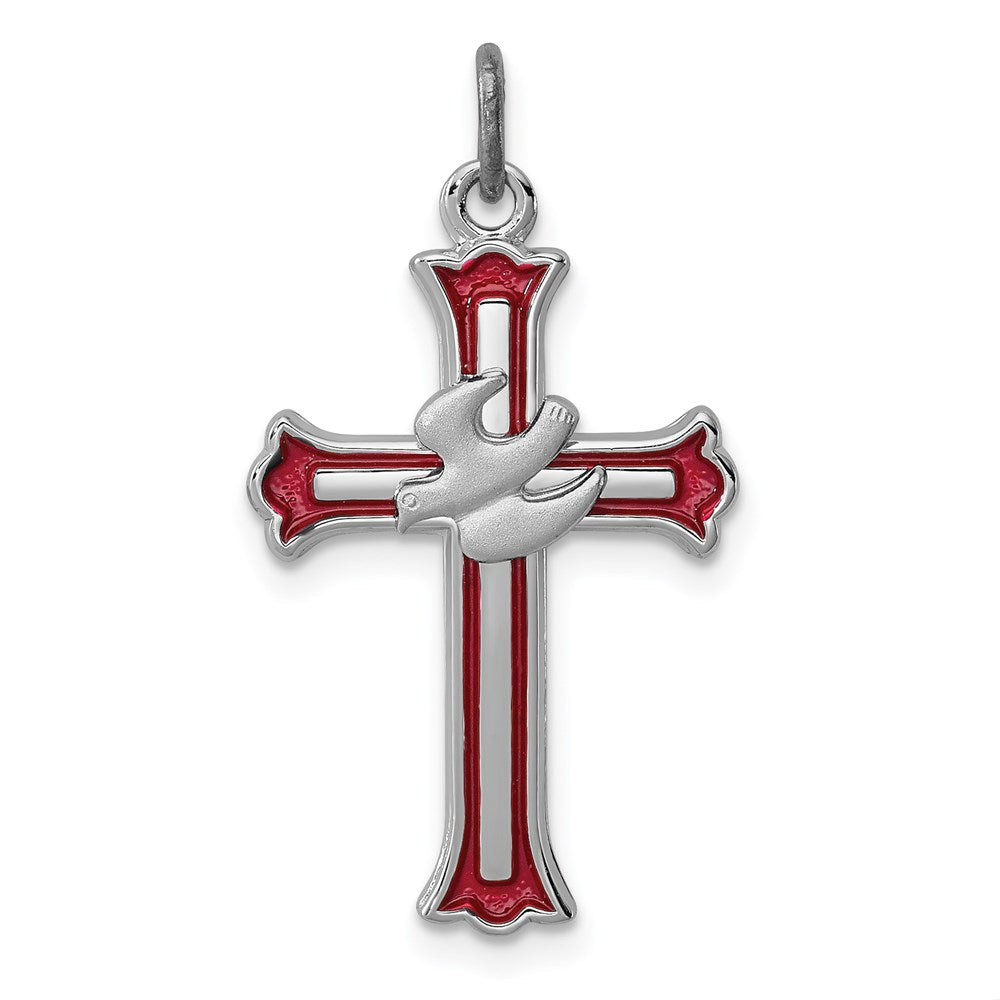Sterling Silver Platinum-plated Enameled Cross w/Dove Charm