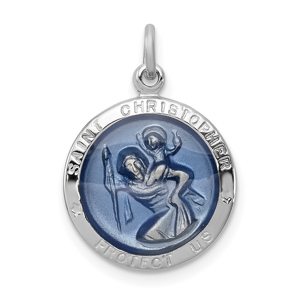 Sterling Silver Rhodium-plated Blue Epoxy St. Christopher Medal