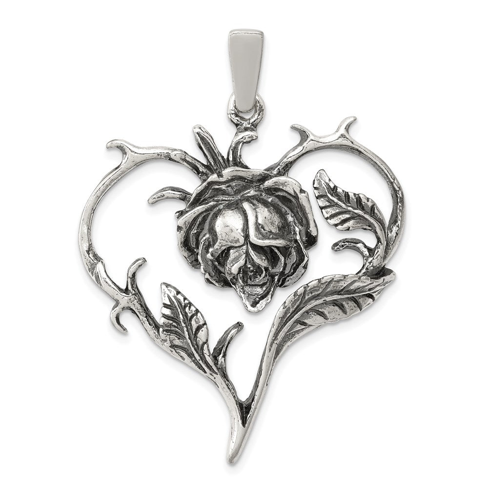 Sterling Silver Antiqued Rose Heart Pendant