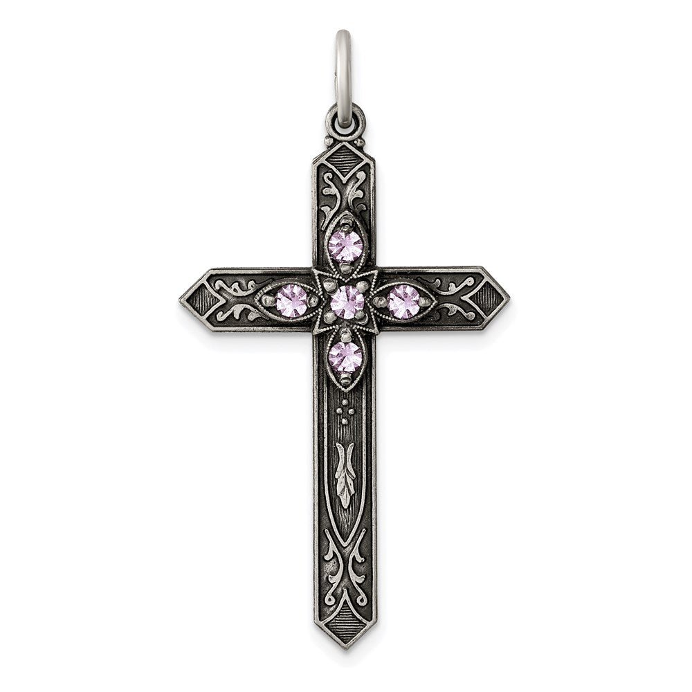 Sterling Silver Antiqued June Glass Birthstone Cross Pendant