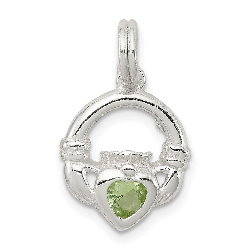 Sterling Silver Rhodium-plated Claddagh with Green CZ Charm