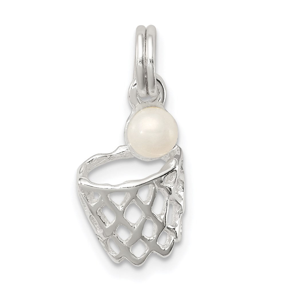 Sterling Silver Simulated Pearl Basketball in Hoop Charm