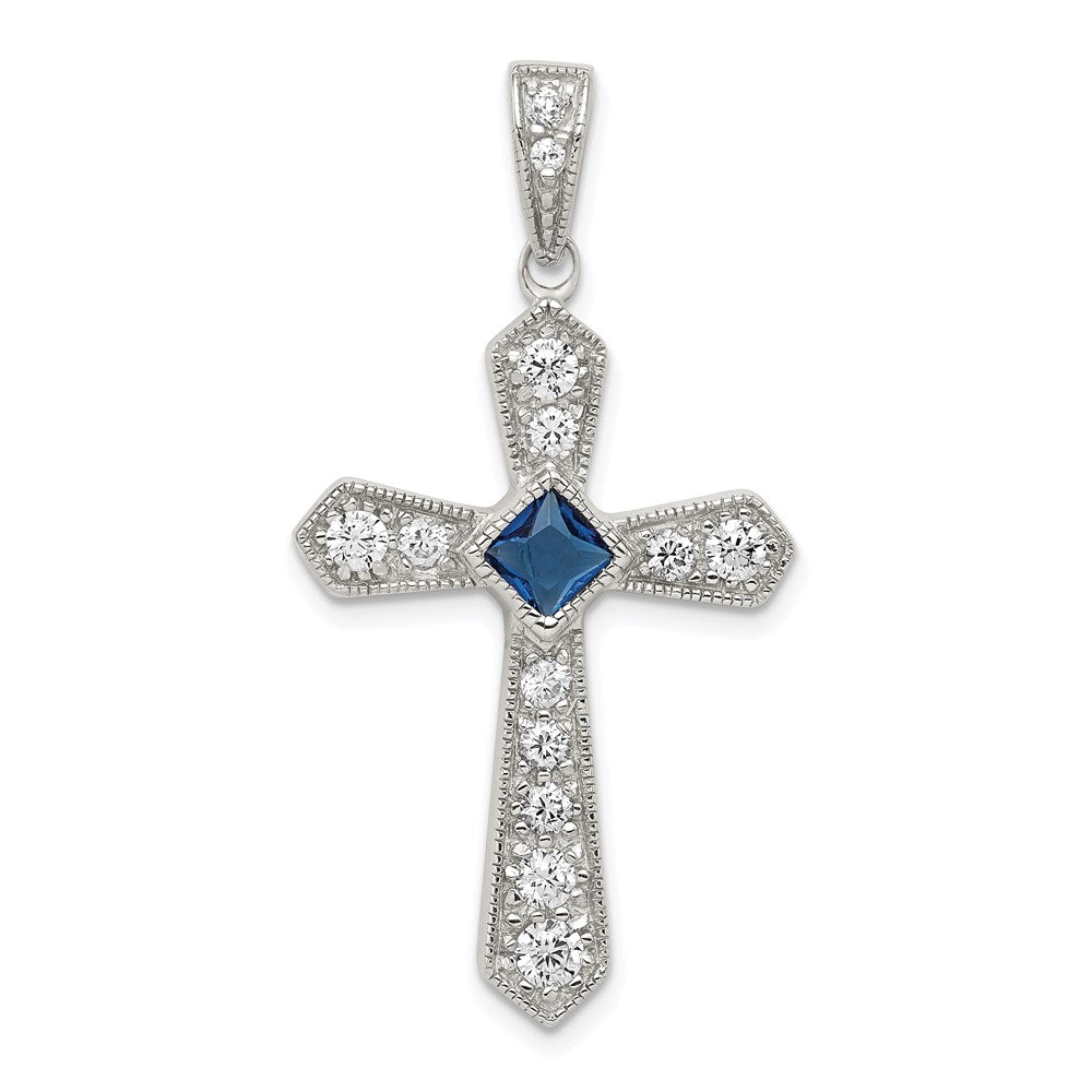 Sterling Silver Rhodium-plated Blue CZ Center & CZ Passion Cross Pendant