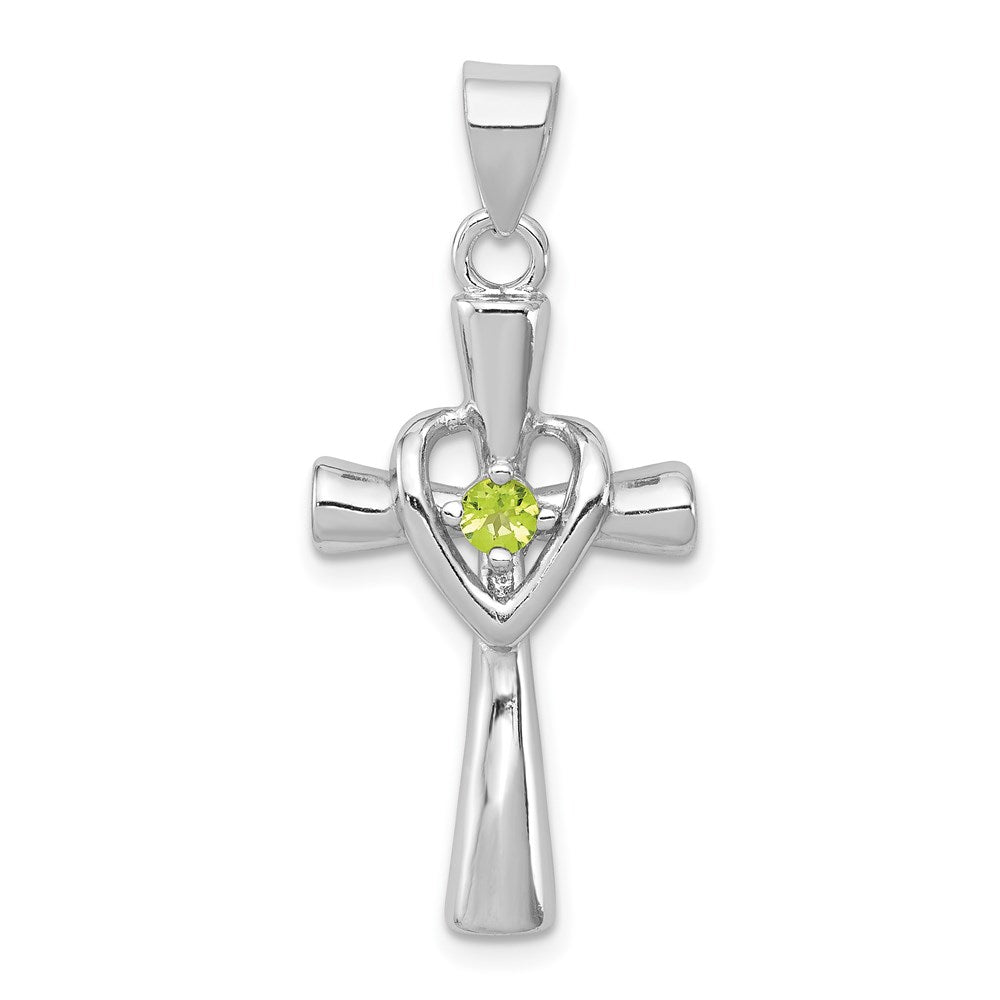 Sterling Silver Rhodium-platedPeridot Heart Cross Pendant