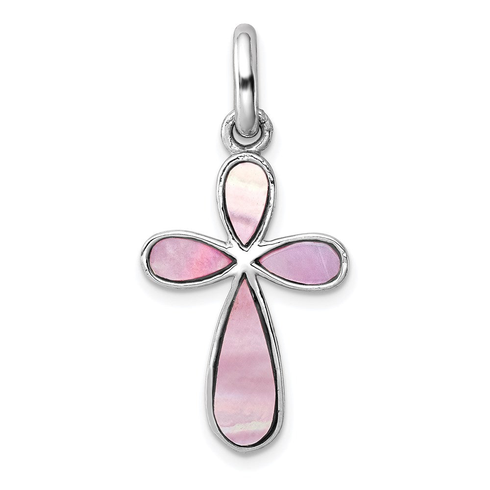 Sterling Silver Rhodium-platedPink Mother of Pearl Cross Pendant