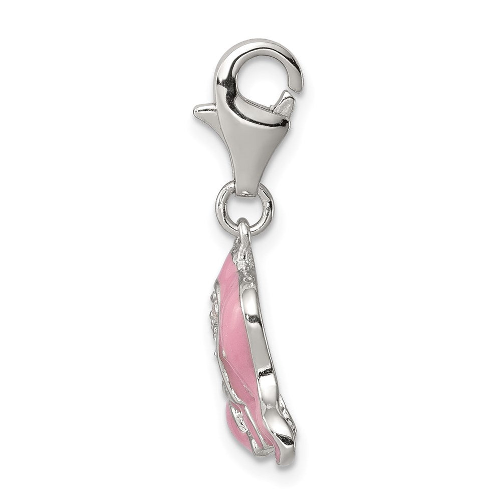 Sterling Silver Rhodium-plated Pink Enameled CZ Elephant Charm