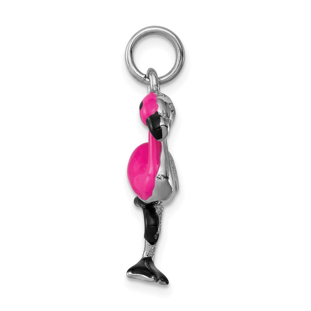 Sterling Silver Rhodium-plated Hot Pink & Black Enameled Flamingo Charm