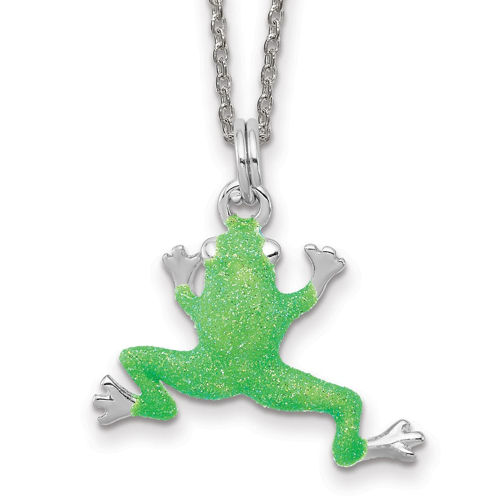 Sterling Silver Rhodium-plated Green Enamel Frog Necklace