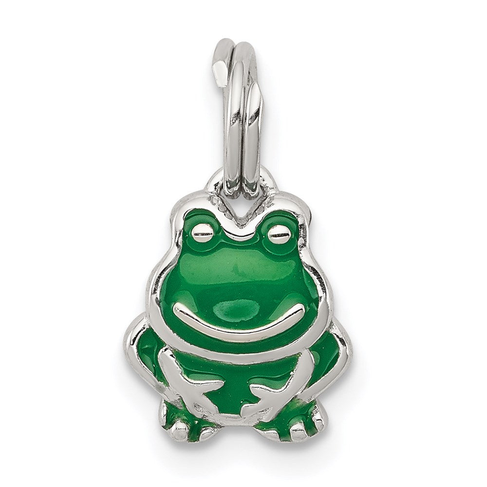 Sterling Silver Rhodium-plated Green Enameled Frog Charm