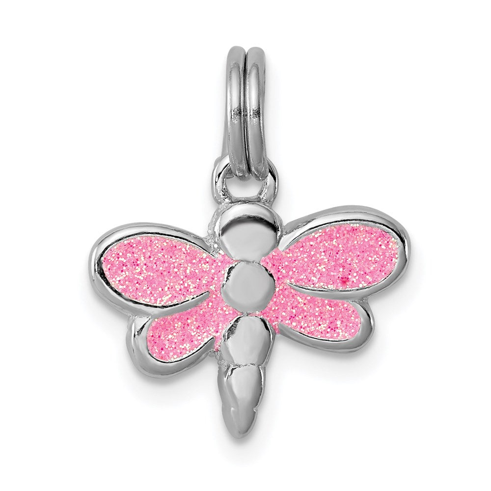 Sterling Silver Rhodium-plated Pink Glitter Enamel Dragonfly Charm