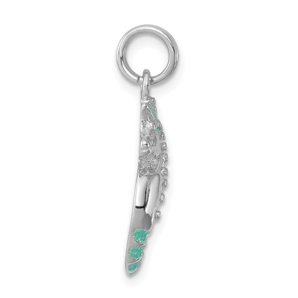 Sterling Silver Rhodium-plated Green Glitter Enamel Seahorse Charm